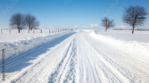 Serene winter landscape a picturesque snow-covered pathway under clear blue skies and leafless trees