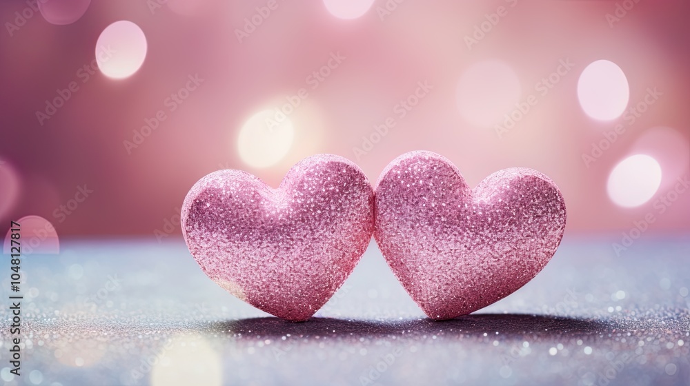 Fototapeta premium Valentines day festive background with two hearts In Shiny multicolor Background Valentine's Day glitter background