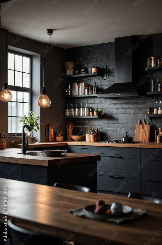 Elegant loft industrial black kitchen interior Elegant loft industrial black kitchen interior