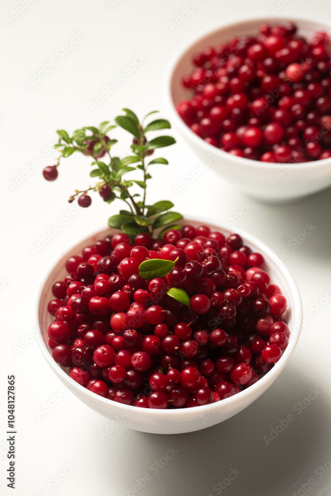 Two bowls with lingonberries and branch on white background. Top view Two bowls with lingonberries and branch on white background. Top view