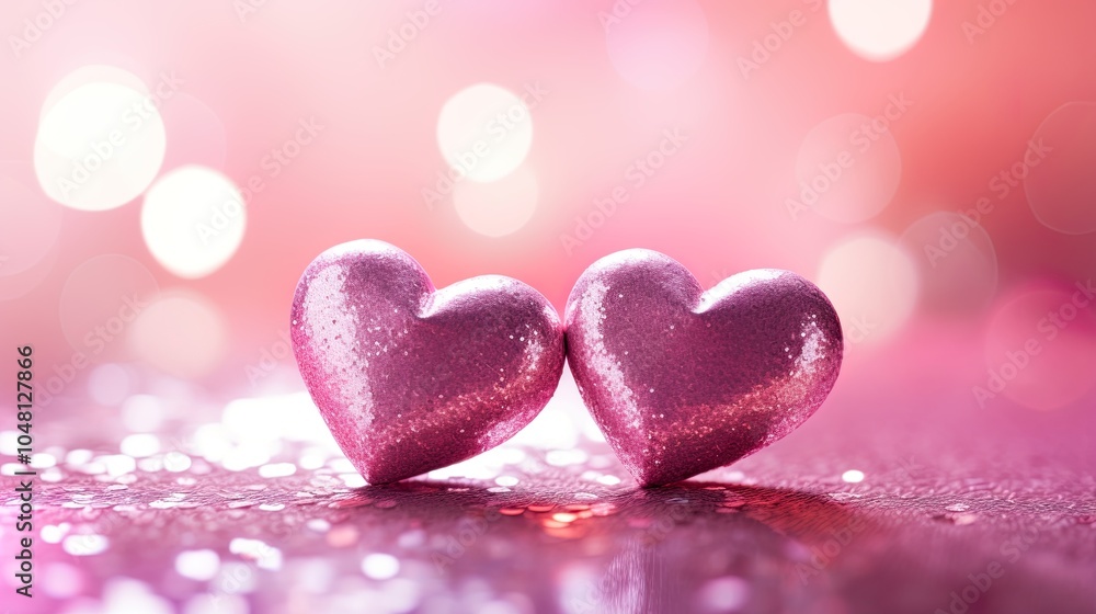 Fototapeta premium Valentines day festive background with two hearts In Shiny multicolor Background Valentine's Day glitter background
