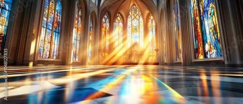Sunlight Streaming Through Stained Glass Windows in a Cathedral.