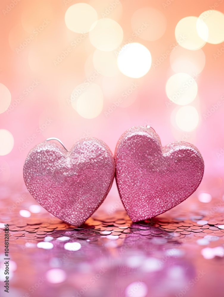 Obraz premium Valentines day festive background with two hearts In Shiny Background Valentine's Day glitter background