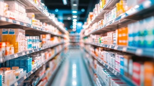 Wallpaper Mural Blurred pharmacy shelves filled with healthcare products and medicine, creating an abstract background, with a soft glow from the overhead lights, evoking a clean and orderly space Torontodigital.ca