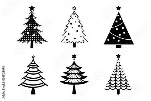 Hand drawn Christmas tree doodle set, illustration of various trees set, pencil textured trees vector illustration