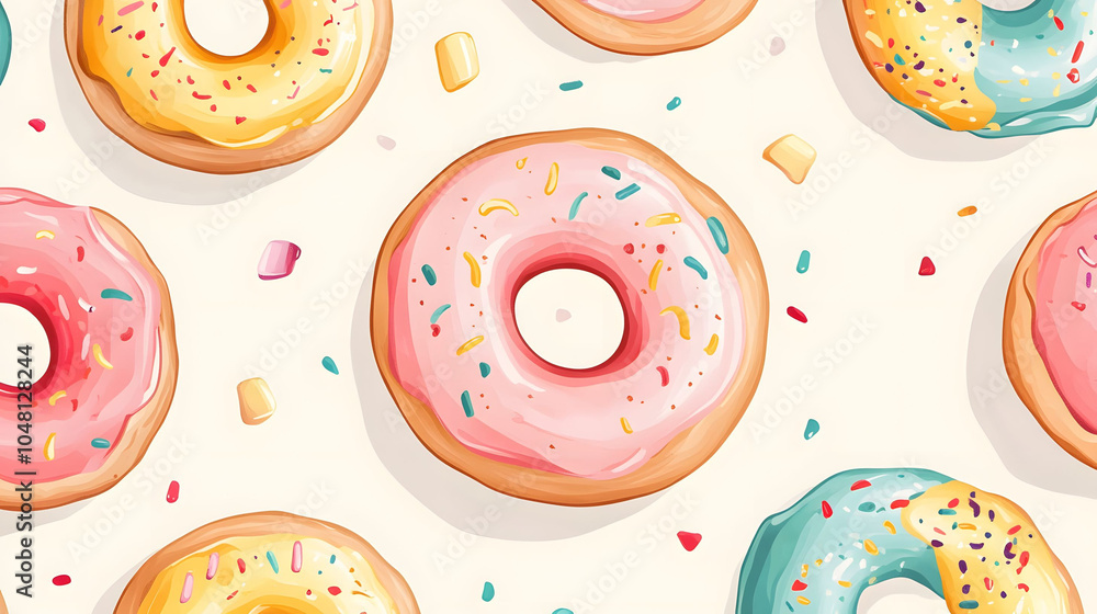 Fototapeta premium Cute seamless pattern of donuts in a playful design featuring colorful and fun illustrations, perfect for wallpaper or decoration