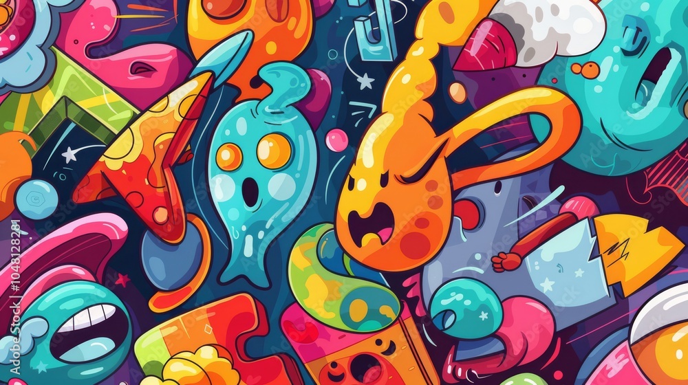 Obraz premium Cosmic Doodle: A vibrant and playful digital illustration bursts with color and character, featuring a whimsical cast of cartoon creatures, geometric shapes, and abstract elements.