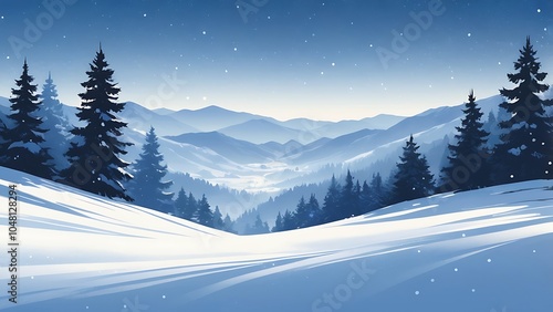 Digital illustration depicting a serene winter landscape features rolling snow covered hills and mountains under a clear, starry night sky