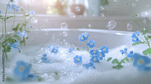 An empty scene featuring blank mockup template (a luxurious bathroom with forget-me-nots floating in a bathtub filled with bubbles),