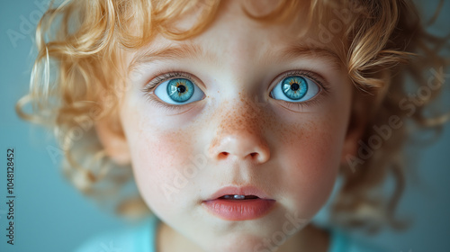 Young child with blue eyes, blonde curls and freckles, close-up portrait