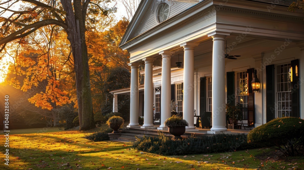 Naklejka premium A Classic Southern Home with a Front Porch and Fall Foliage