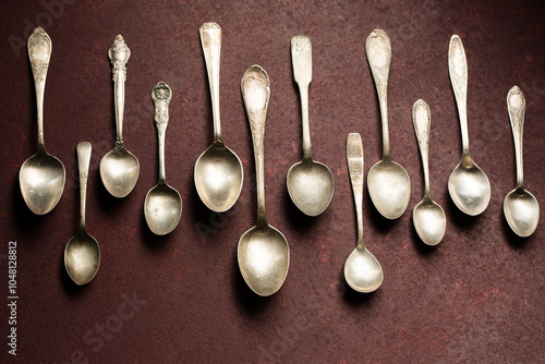 A collection of vintage spoons laid out in rows. Top view photo