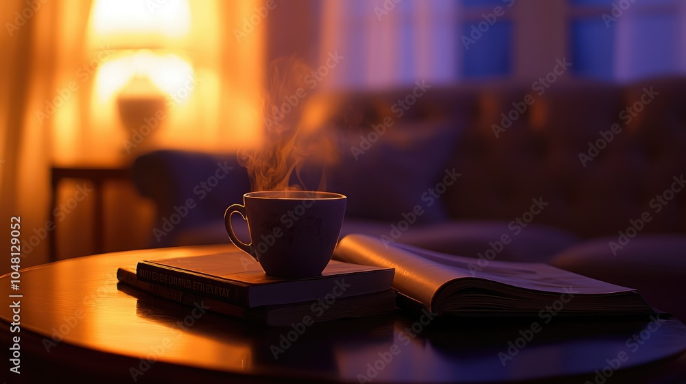 Stylish Coffee Table Scene with Books and Warm Light Stylish Coffee Table Scene with Books and Warm Light