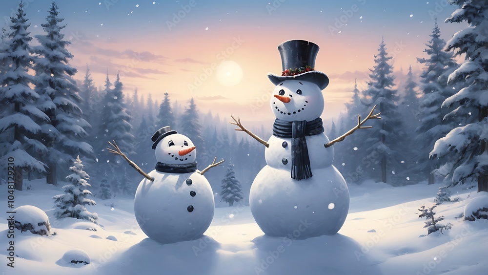 Fototapeta premium Digital illustration depicting a winter scene with two snowmen in the foreground, and snowy forest in background