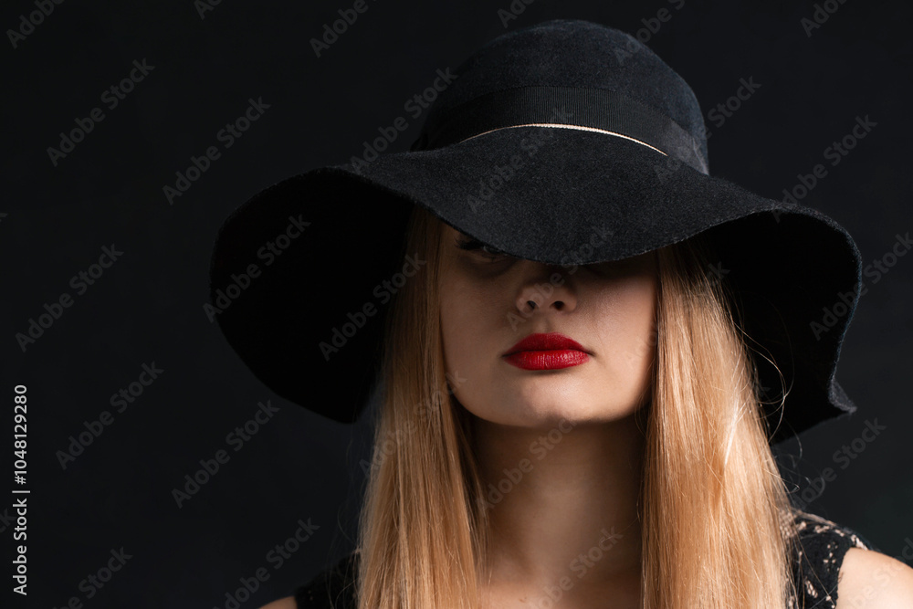 A woman wearing a black hat and red lipstick A woman wearing a black hat and red lipstick
