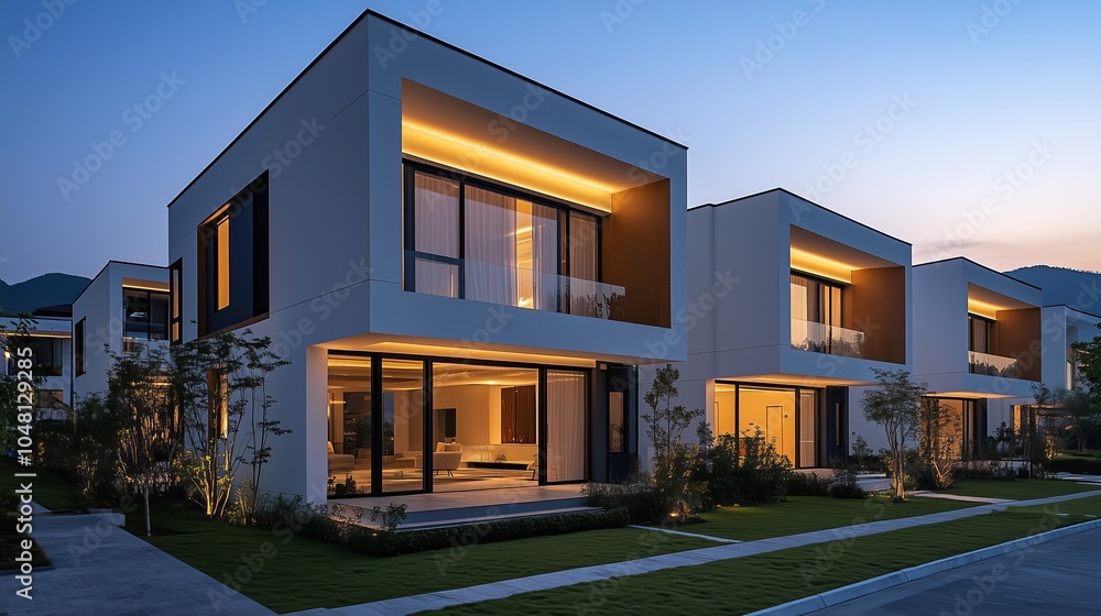 Modern and elegant two-story terrace house, with lights on the windows at night Modern and elegant two-story terrace house, with lights on the windows at night