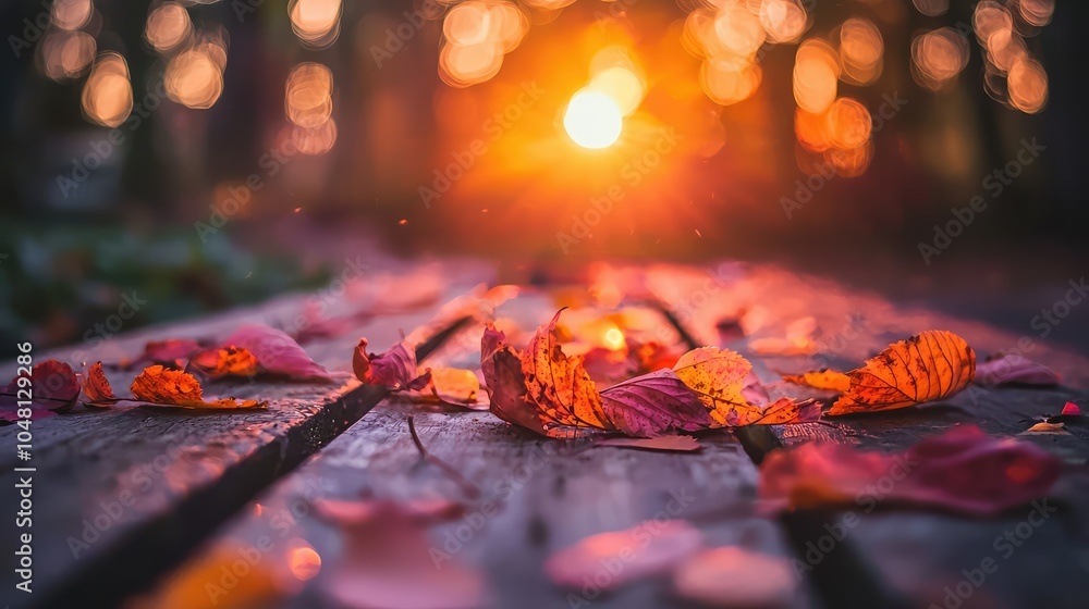 Colorful Autumn Leaves Scattered on Wooden Path Colorful Autumn Leaves Scattered on Wooden Path