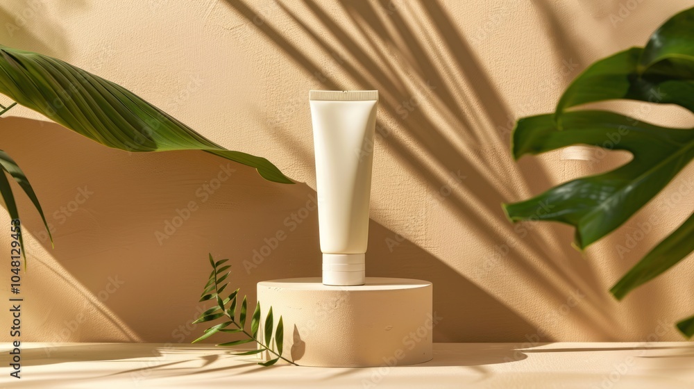 White Cosmetic Tube on a Round Platform with Tropical Leaves and Shadow Patterns White Cosmetic Tube on a Round Platform with Tropical Leaves and Shadow Patterns