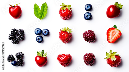 Flatlay Mixed assorted fresh berries colorful pattern over white background. blueberry, strawberry, raspberry, strawberry, blackberry