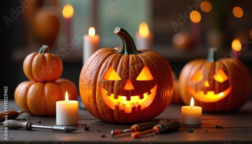 Halloween pumpkin carving setup with various carving tools and flickering candles creating an eerie ambiance for the spooky season.