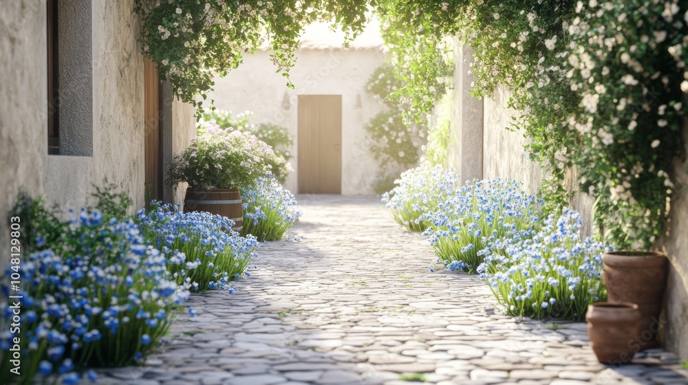 Fototapeta premium An empty scene featuring blank mockup template (a picturesque courtyard with forget-me-nots cascading over stone walls and garden paths),