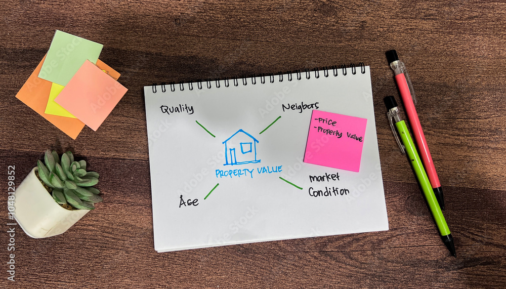 Concept of Property Value write on book with keywords isolated on Wooden Table. Concept of Property Value write on book with keywords isolated on Wooden Table.