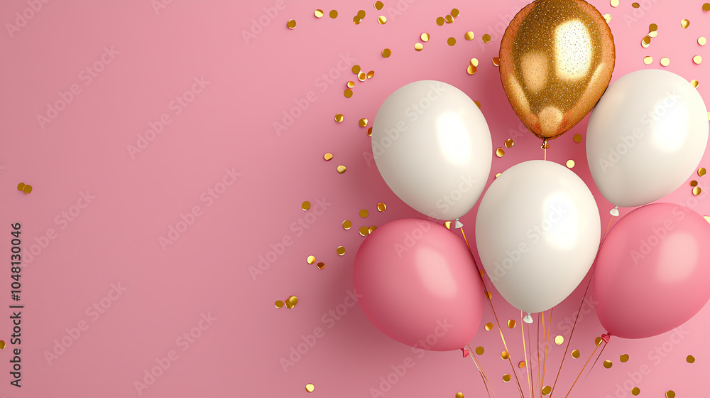 Chic pink and white balloons with golden confetti on a pastel pink backdrop, creating a festive and glamorous atmosphere with smooth, high-resolution details and soft lighting Chic pink and white balloons with golden confetti on a pastel pink backdrop, creating a festive and glamorous atmosphere with smooth, high-resolution details and soft lighting