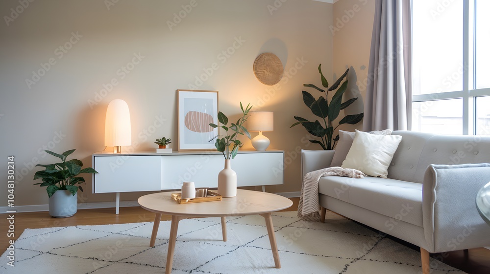 a cozy minimalist living space with a light wood coffee table, a white rug, and a gray sofa a cozy minimalist living space with a light wood coffee table, a white rug, and a gray sofa