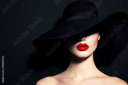 Wallpaper Mural Fashion portrait with intense shadows, faceless woman wearing a black hat and vibrant red lips, mysterious allure Torontodigital.ca