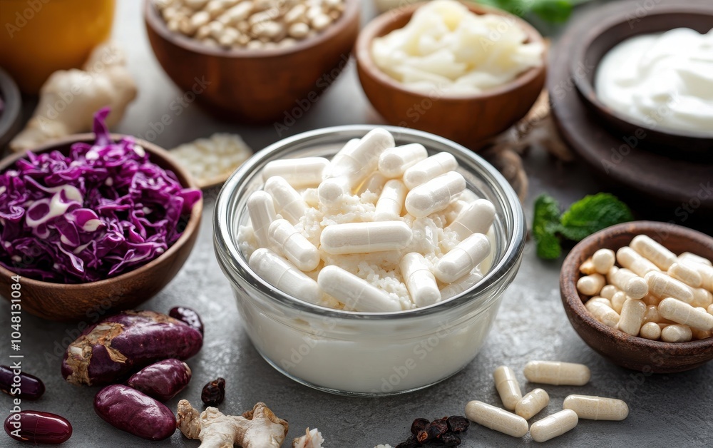 Detailed Probiotics with Yogurt and Kefir: A close-up view of probiotic capsules in a clear bottle, accompanied by bowls of yogurt, kefir, and sauerkraut Detailed Probiotics with Yogurt and Kefir: A close-up view of probiotic capsules in a clear bottle, accompanied by bowls of yogurt, kefir, and sauerkraut