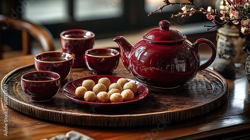 Red Tea Set with Treats and Pink Blossoms. Celebrating the Foods of Chinese Lunar New Year photo