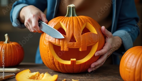 Close-up of a person focused on carving a pumpkin with a sharp knife for Halloween while surrounded by pumpkin guts and tools.