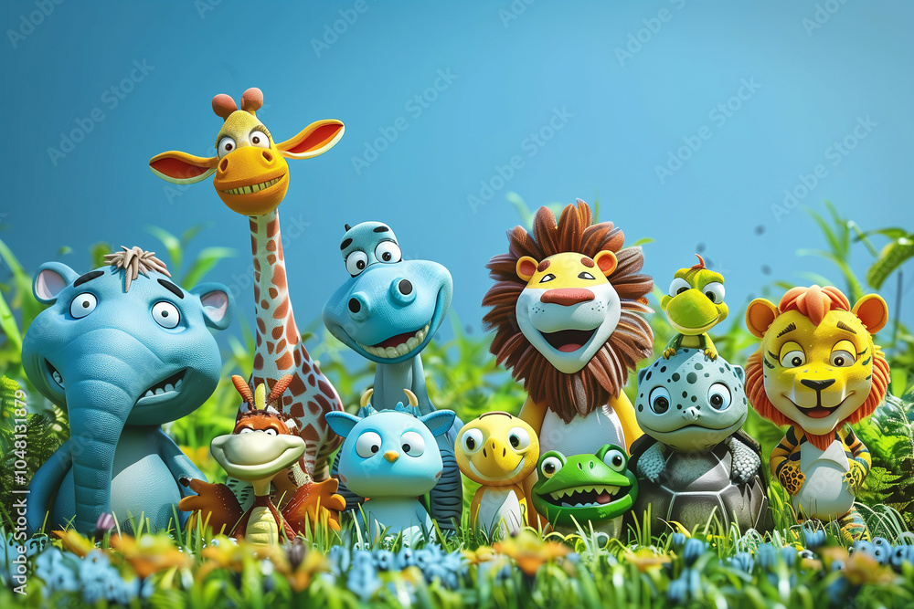 Fototapeta premium A Colorful and Playful Assembly of Cartoon Animals in a Lush Green Meadow Under a Clear Blue Sky