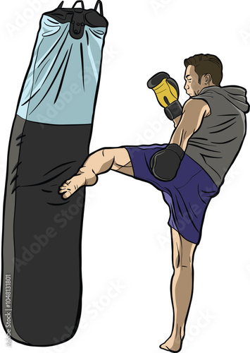 Kickboxer Training with Punching Bag Illustration