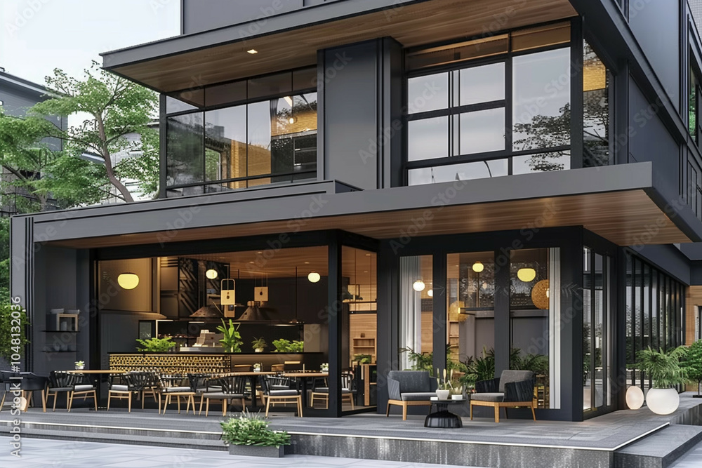 Fototapeta premium An architectural rendering of a modern cafe or restaurant with outdoor seating and large windows