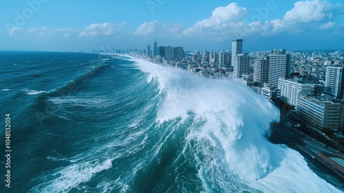 A dramatic seascape shows towering waves crashing against a coastal city, highlighting the power of nature contrasted with urban life.