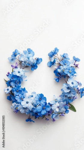 An empty scene featuring blank mockup template (a vibrant flower crown made of forget-me-nots displayed against a simple white background), 