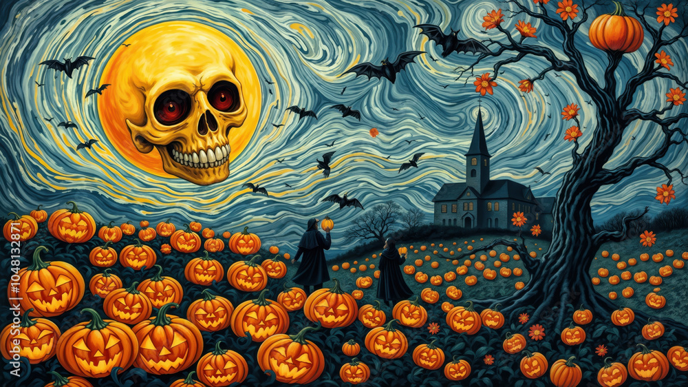Spooky Halloween Night with Pumpkins and Full Moon Spooky Halloween Night with Pumpkins and Full Moon