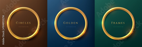 Set of luxury 3D golden circle frames on green, dark blue and brown background. Abstract round podium for product display or copy space. Collection of geometric background. Top view scene design.