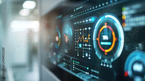 A Close-Up View of a Digital Dashboard Display with Data Visualizations and Gauges