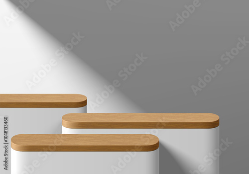 3D white podium with top wooden in empty room and window light background. Abstract composition minimalist design. Studio display showroom stand product pedestal, Fashion stage showcase mockup scene.