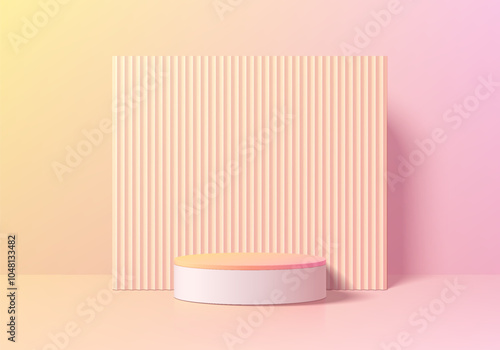 3D pink round podium background with serrated pattern background. Abstract geometric composition minimalist design. Studio display showroom stands product pedestal, Fashion stage showcase mockup scene