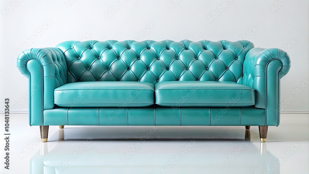 Fototapeta premium Stylish Turquoise Leather Sofa on White Background - Candid Photography of Modern Furniture, Interior Design, Cozy Living Spaces, Elegant Home Decor, and Contemporary Aesthetics
