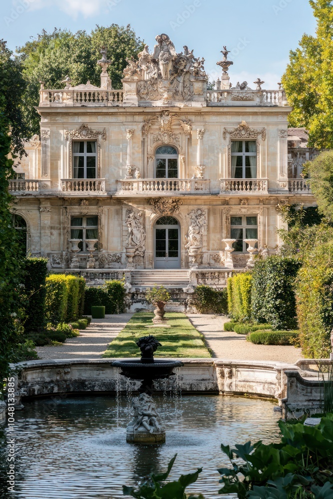 Ornate fountains and Baroque architecture in a suburban palace with a French garden. Ornate fountains and Baroque architecture in a suburban palace with a French garden.