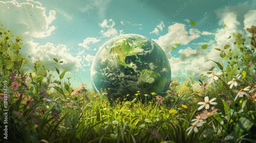 A vibrant, lush meadow cradles a miniature Earth, symbolizing environmental harmony and the beauty of our planet. The image evokes a sense of peace, renewal. A vibrant, lush meadow cradles a miniature Earth, symbolizing environmental harmony and the beauty of our planet. The image evokes a sense of peace, renewal.
