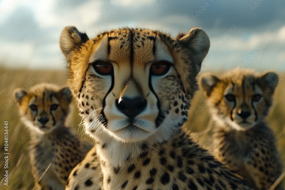 Obraz premium A close-up of a cheetah with its cubs, the mother standing protectively as her young play in the background.