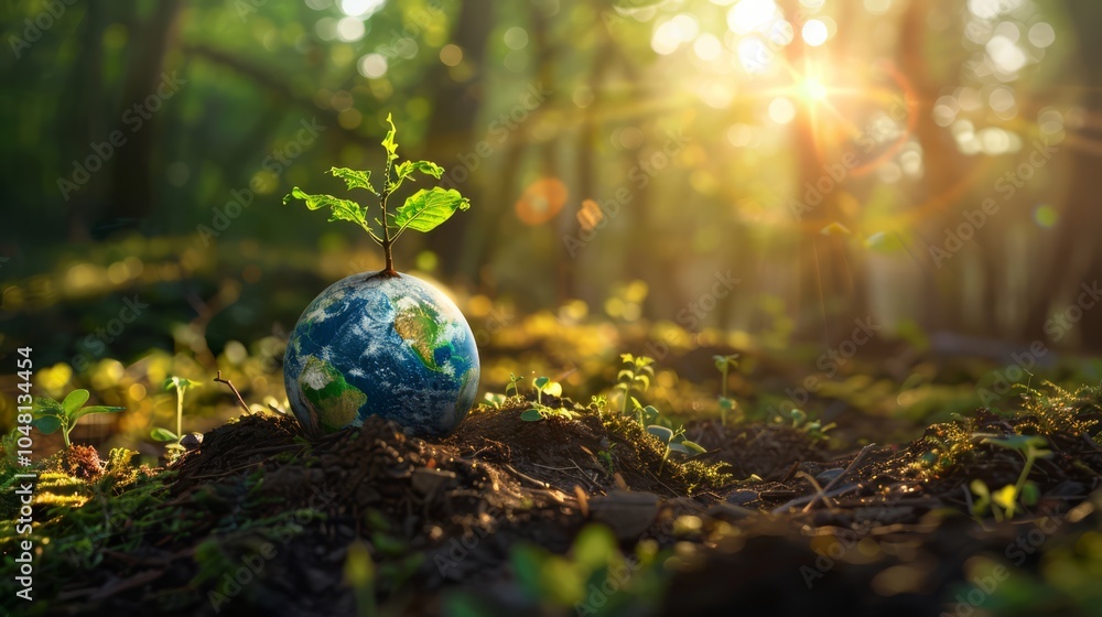 Earth's Rebirth: A tiny green sprout emerges from a miniature Earth globe, symbolizing hope and renewal against a backdrop of a lush forest bathed in golden sunlight. Earth's Rebirth: A tiny green sprout emerges from a miniature Earth globe, symbolizing hope and renewal against a backdrop of a lush forest bathed in golden sunlight.