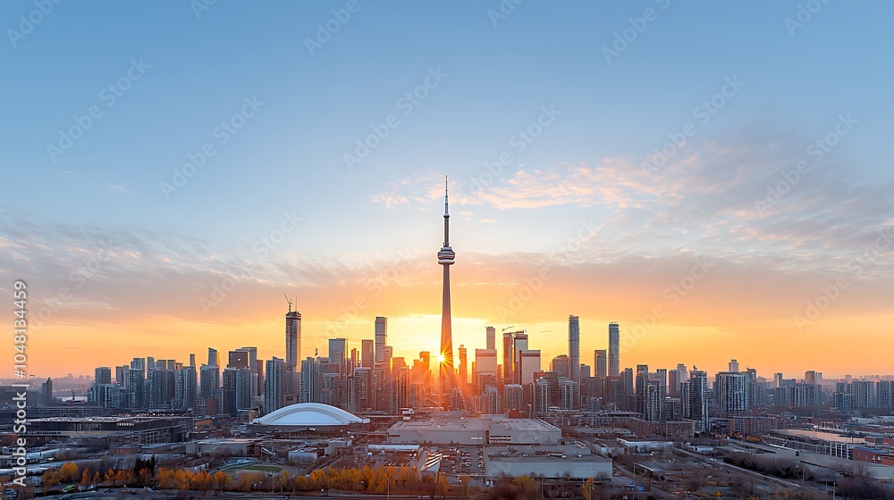 Obraz premium Stunning sunrise over the toronto skyline a breathtaking view of urban architecture and natural beauty
