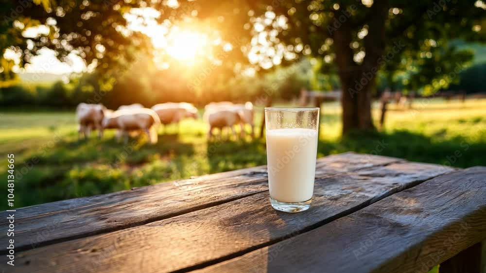 A glass of milk is on a wooden table in front of a field with cows grazing A glass of milk is on a wooden table in front of a field with cows grazing