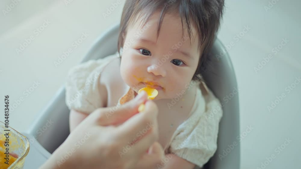 Closeup of Happy asian baby girl eating first food pumpkin from spoon with mom at home, Smile baby looking at camera. Closeup of Happy asian baby girl eating first food pumpkin from spoon with mom at home, Smile baby looking at camera.